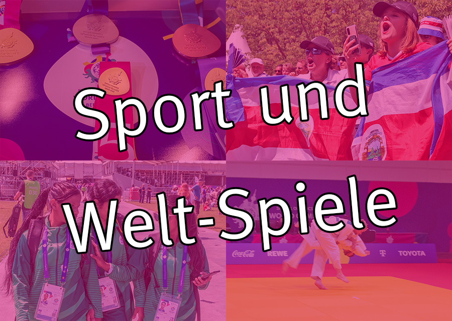 Deckblatt Galerie. Rosa Hintergrund, Schrift: Sport und Welt-Spiele