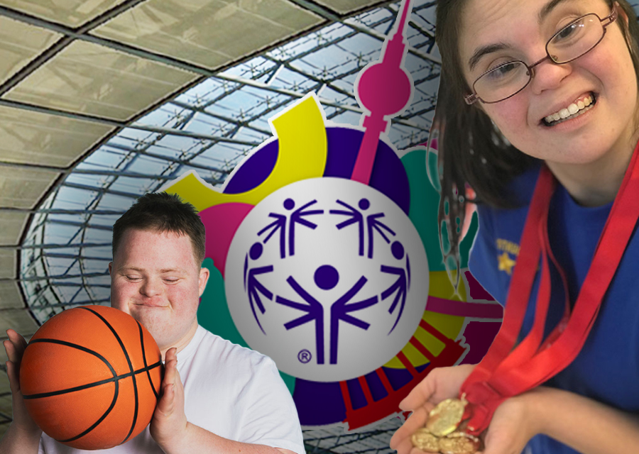 Kollage von Special Olympcis: eine grinsende Sportlerin mit Goldmedaille, ein Sportler mit Basketball, jemand im Renn-Rollstuhl, ein Stadiondach. Beitragsbild