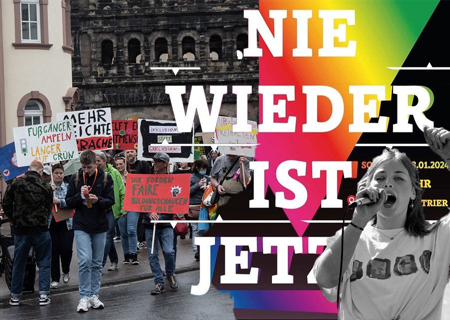 Fotomontage: Demonstrierende Menschen und der Schriftzug: Nie wieder ist Jetzt
