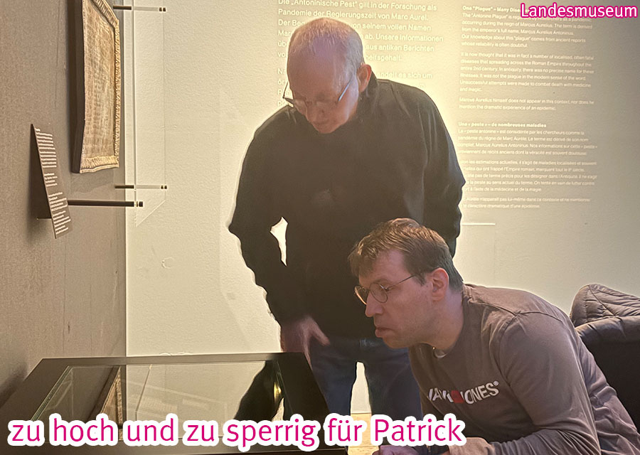 Michael und Patrick schauen von oben in einen Schaukasten, der für Patrick fast zu hoch ist