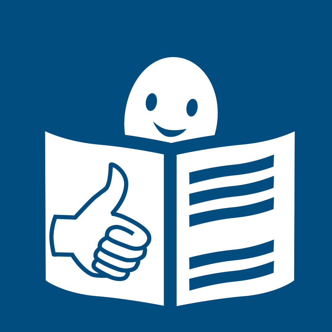 Das Symbol für Leichte Sprache (eine Zeitung, Daumen hoch, ein Köpfchen) in Weiß auf Blau