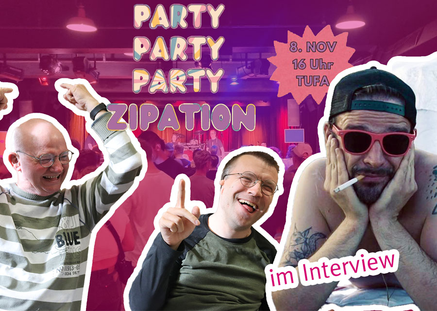 links Patrick und Michael von Tacheles nebeneinander, jubelnd, rechts Jörkk Mechenbier von der Band "Schreng Schreng & La La" im Kostüm einer Meerjungfrau, Blick in die Kamera, oben die Schrift "Party Party Partyzipation" Beitragsbild