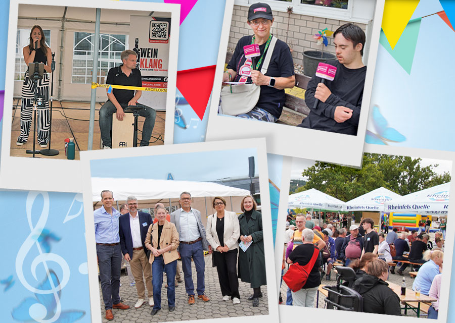 Hintergrund: Blauer Sommerhimmel mit bunten Wimpelketten. Vordergrund: Fotos im Polaroid-Stil vom Sommerfest mit verschiedenen Personen: Musikern, Mitarbeitern ,beim Feiern und ein Tacheles Interview