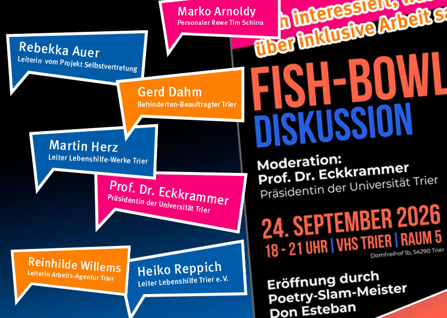 Viele Sprechblasen in Form vom eckigen TACHELES-Logo in Magenta, Orange und Blau. Schrift: Fish-Bowl Diskussion. Dunkler Hintergrund.