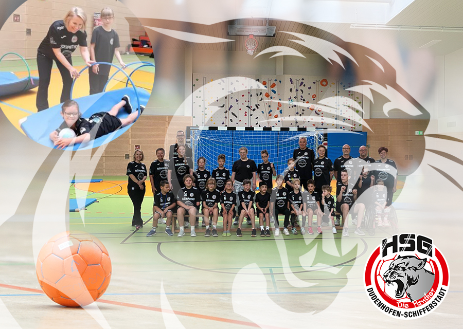 Grafik von einem Panther-Kopf, dahinter ein Handball-Team in einer Halle mit grünem Boden
